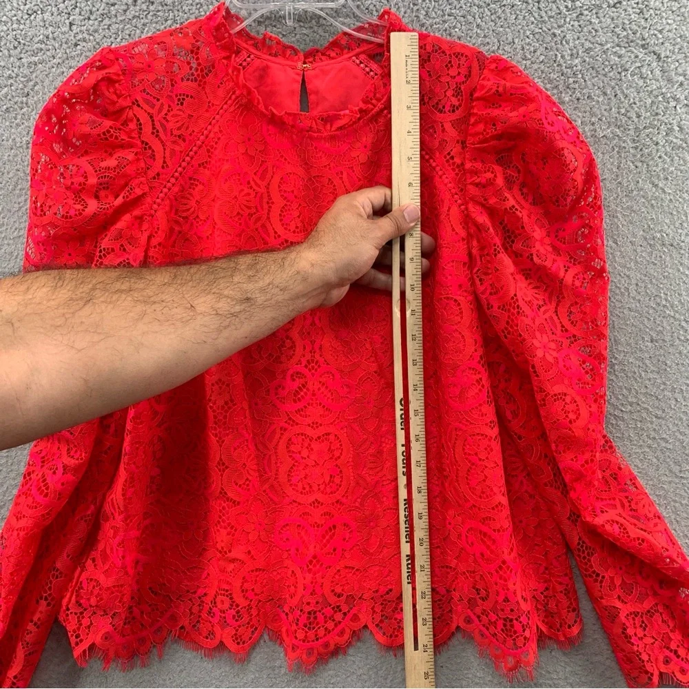 Lilly Pulitzer Averi White Puff Sleeve Top Scalloped Hem Red Hot Pink Two Tone L - Picture 7 of 12